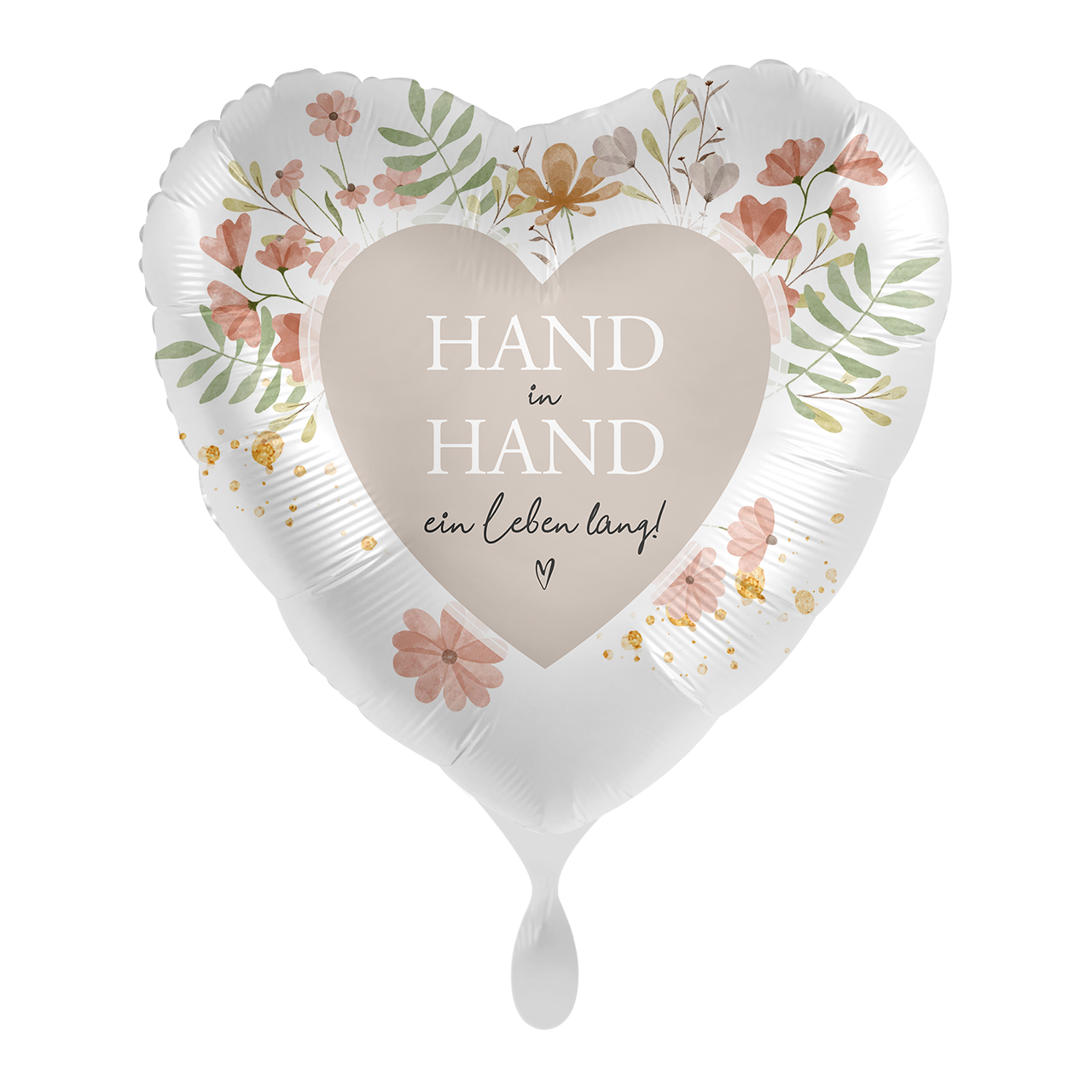 Folienballon in Herzform mit dem Aufdruck " Hand in Hand ein leben lang " Mit kleinen schlichten Blumen ein Klassiker unter den Hochzeitsballons. Verschenken Sie einen tollen Ballon zum besonderen Tag!