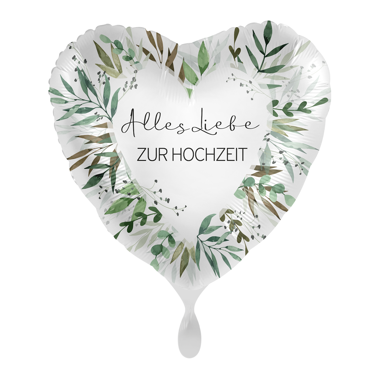 Folienballon in Herzform mit dem Aufdruck " Alles Liebe zur Hochzeit ". Mit kleinen Eukalyptuszweigen ein Klassiker unter den Hochzeitsballons. Verschenken Sie einen tollen Ballon zum besonderen Tag!