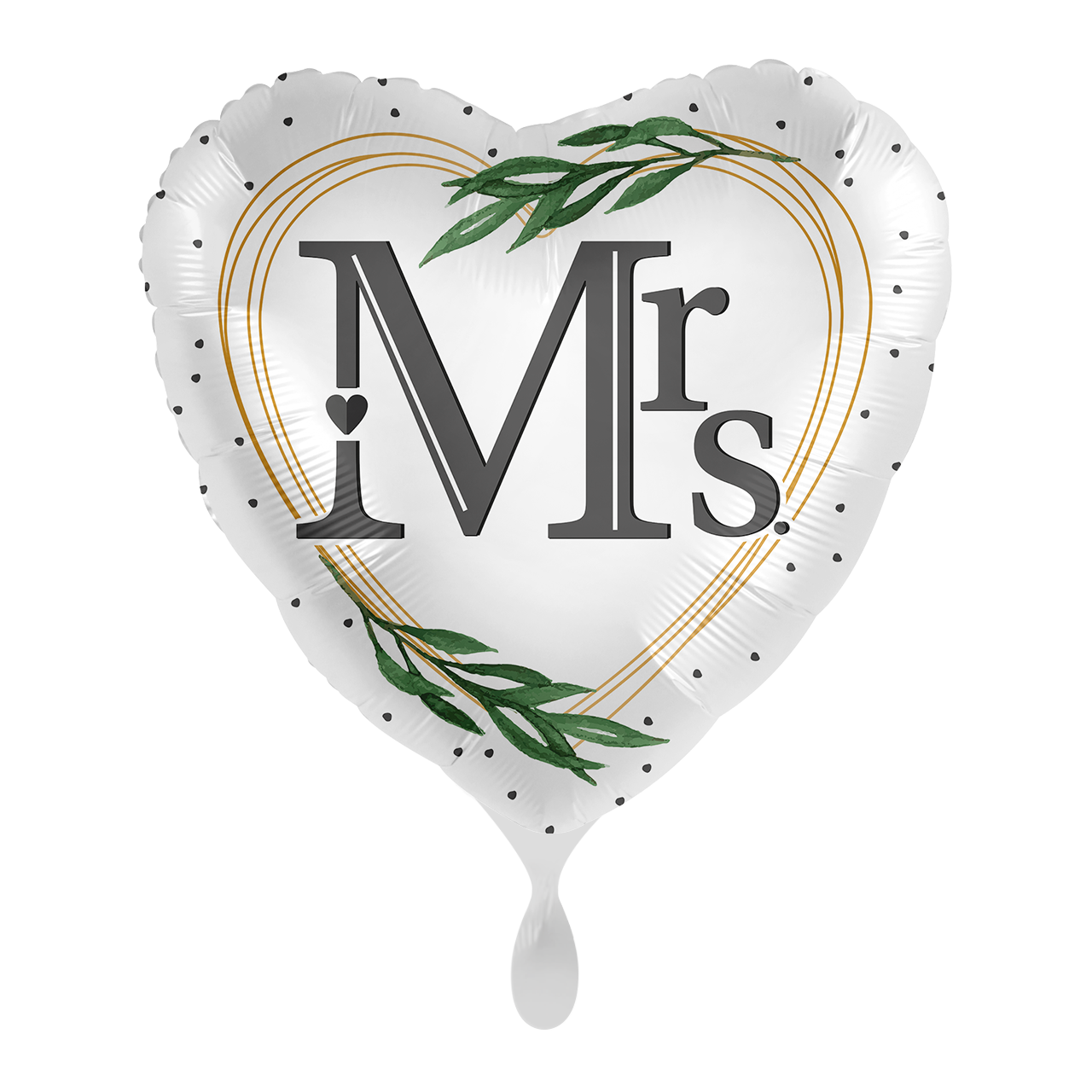Folienballon in Herzform mit dem Aufdruck " Mrs. ". Mit kleinen schlichten Verzierungen ein Klassiker unter den Hochzeitsballons. c Verschenken Sie einen tollen Ballon zum besonderen Tag!