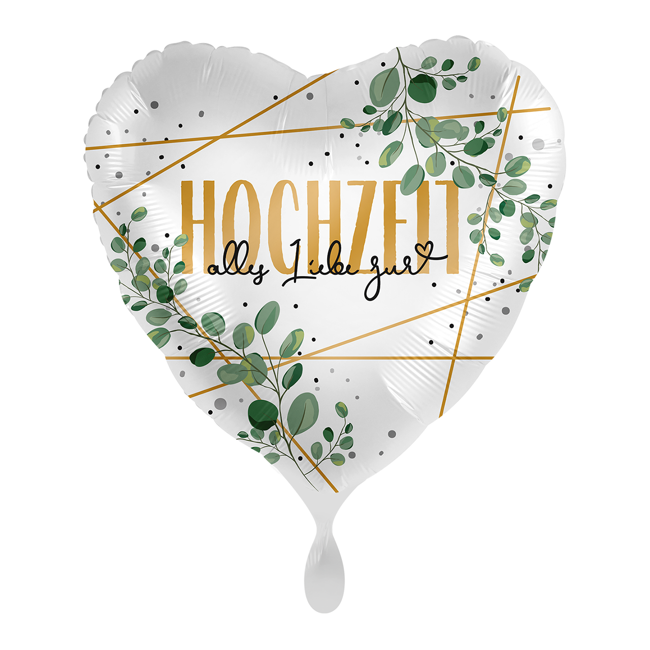 Folienballon in Herzform mit Eukalyptus und goldenen Verzierungen. Verschenken Sie einen tollen Ballon zum Hochzeitstag. 