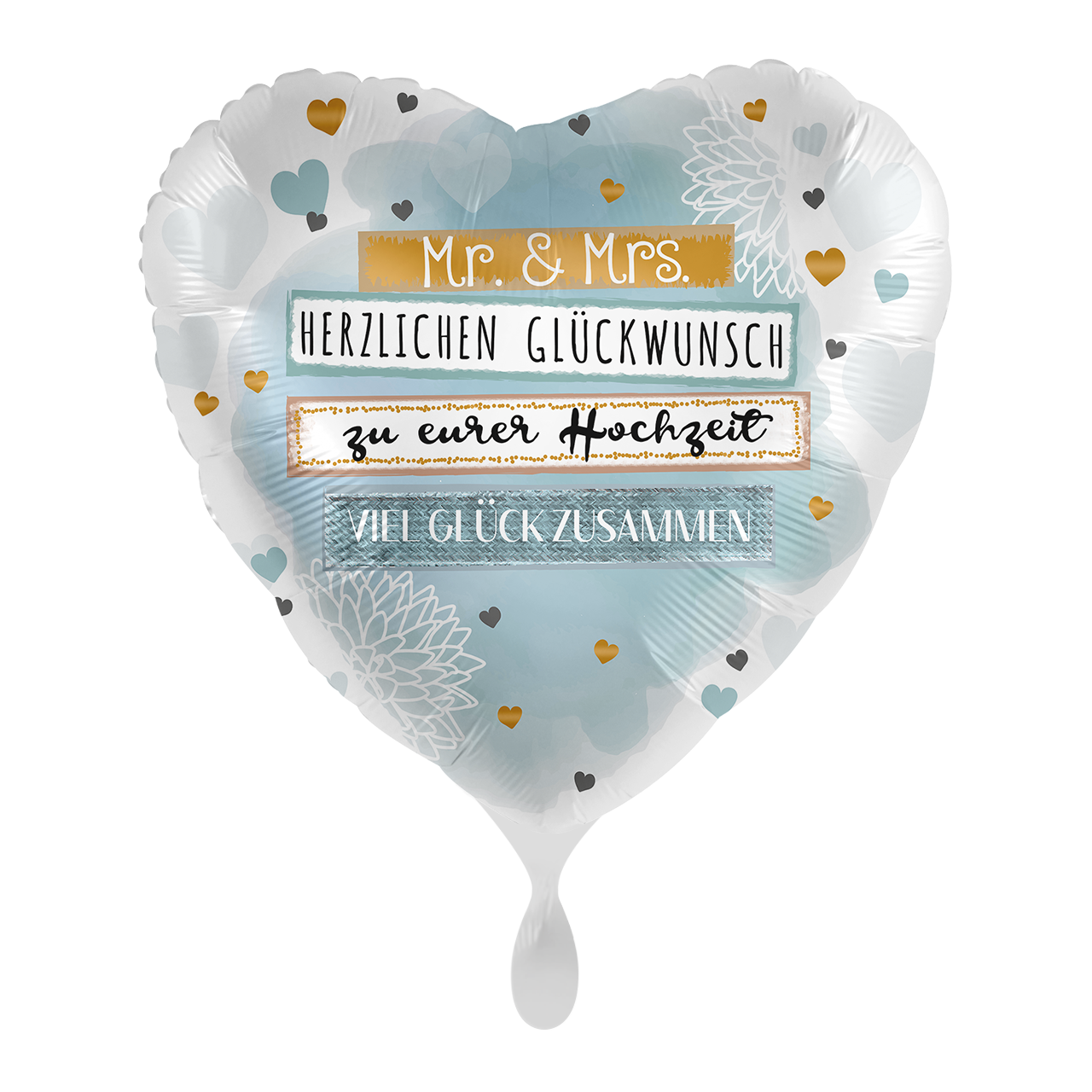 Folienballon in Herzform mit dem Aufdruck " Mr. & Mrs. Herzlichen Glückwunsch zur Hochzeit ". Mit kleinen schlichten Verzierungen ein Klassiker unter den Hochzeitsballons. Verschenken Sie einen tollen Ballon zum besonderen Tag!