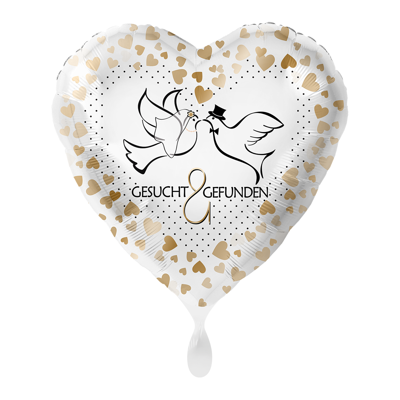 Folienballon in Herzform mit dem Aufdruck " Gesucht & Gefunden". Mit kleinen schlichten Verzierungen ein Klassiker unter den Hochzeitsballons. Verschenken Sie einen tollen Ballon zum besonderen Tag!
