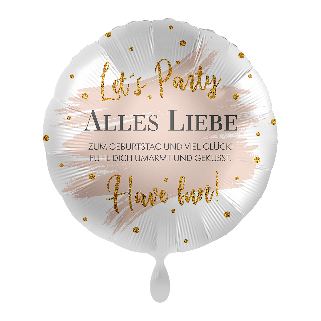 Folienballon zum Geburtstag mit der Aufschrift "Lets Party Alles Liebe zum Geburtstag und viel Glück - fühl dich umarmt und geküsst - Have fun " mit kleinen schlichten bunten Punkten dekoriert. Mit diesem Ballon machen sie sicher jedem eine Freude. Kann mit Helium und luftgefüllt werden, besitzt ein Automatisches Schließventil. 