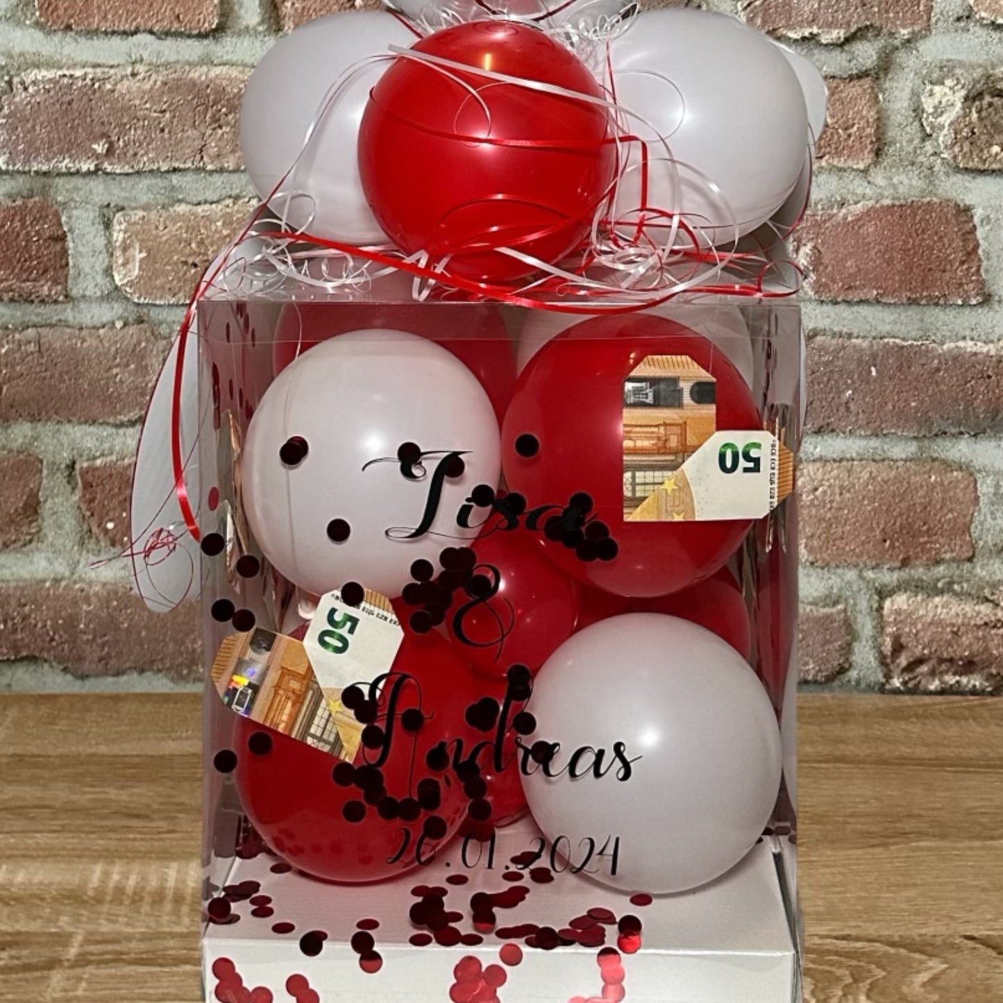Ballonbox Hochzeit - Geldgeschenk - "Just Married rote Herzen"