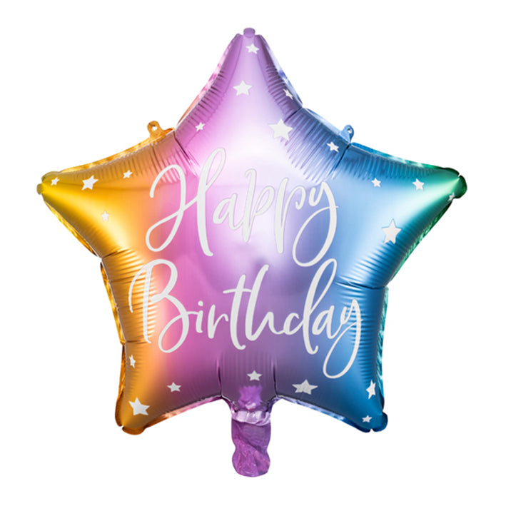 Folienballon zum Geburtstag mit der Aufschrift "Happy Birthday ". Regenbogen Stern mit kleinen Stern Verzierungen. Mit diesem Ballon machen sie sicher jedem eine Freude. Kann mit Helium und luftgefüllt werden, besitzt ein Automatisches Schließventil.