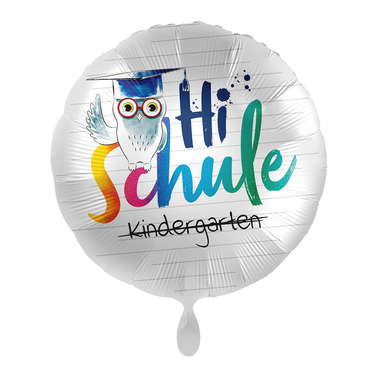 Ballon mit der Aufschrift: Hi Schule. Das Wort Kindergarten ist durchgestrichen