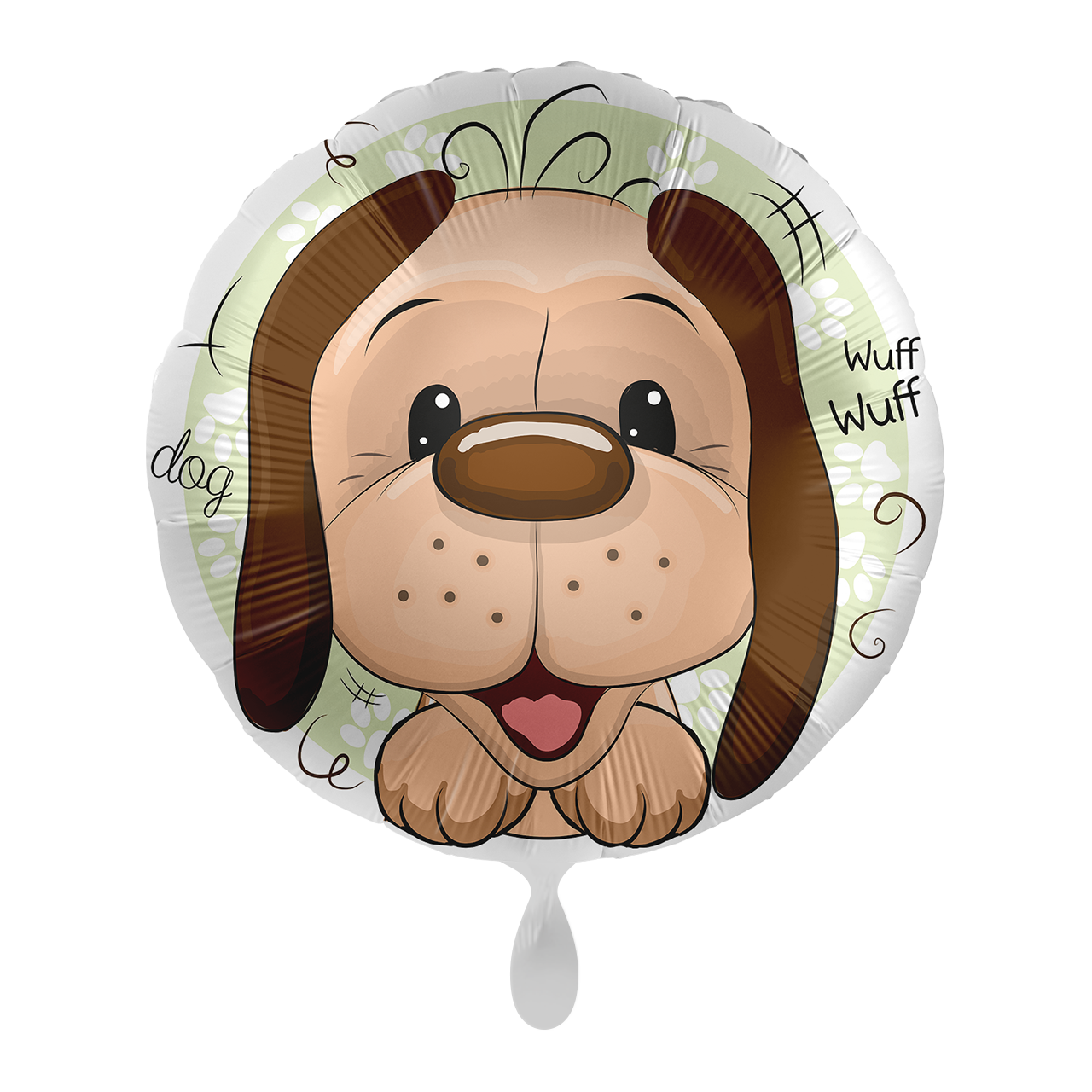 Folienballon mit Hunde Motiv mit kleinen Wuff Wuff Schriftzug.&nbsp;  Ein toller Tierballon - perfekt als Geschenk für jedes Kind.&nbsp;  Mit dem Automatikschließventil kann der Ballon mit Helium oder Luft gefüllt werden.