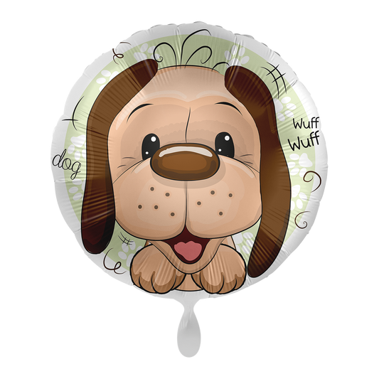 Folienballon mit Hunde Motiv mit kleinen Wuff Wuff Schriftzug.&nbsp;  Ein toller Tierballon - perfekt als Geschenk für jedes Kind.&nbsp;  Mit dem Automatikschließventil kann der Ballon mit Helium oder Luft gefüllt werden.