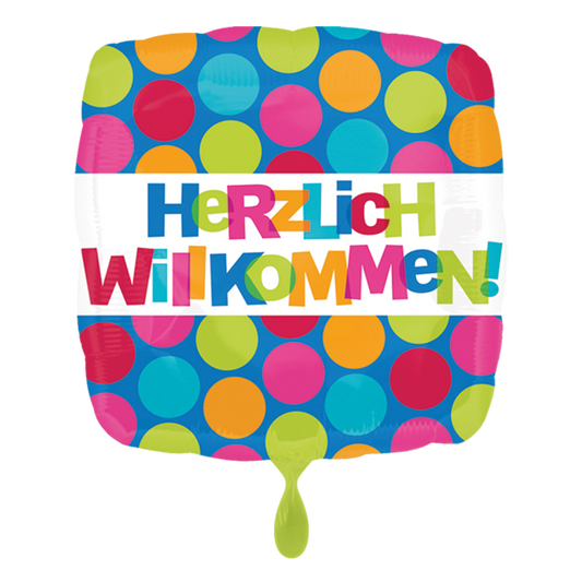 Folienballon mit der Aufschrift "Herzlich Willkommen " mit vielen fröhlichen Farben bedruckt. Dekorieren Sie den Empfang herzlich mit unseren Ballons - Freude ist garantiert!&nbsp;  Mit dem Automatikschließventil kann der Ballon mit Luft oder Helium mehrfach gefüllt werden.&nbsp;