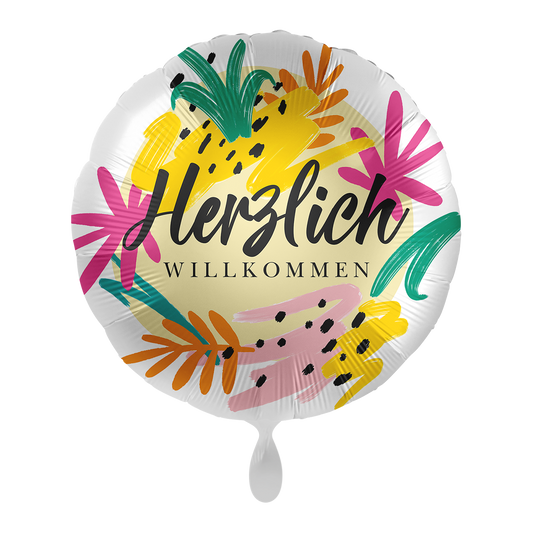 Folienballon mit der Aufschrift "Herzlich Willkommen &nbsp;" im Aloha Stil. &nbsp;Dekorieren Sie den Empfang herzlich mit unseren Ballons - Freude ist garantiert!&nbsp;  Mit dem Automatikschließventil kann der Ballon mit Luft oder Helium mehrfach gefüllt werden.&nbsp;