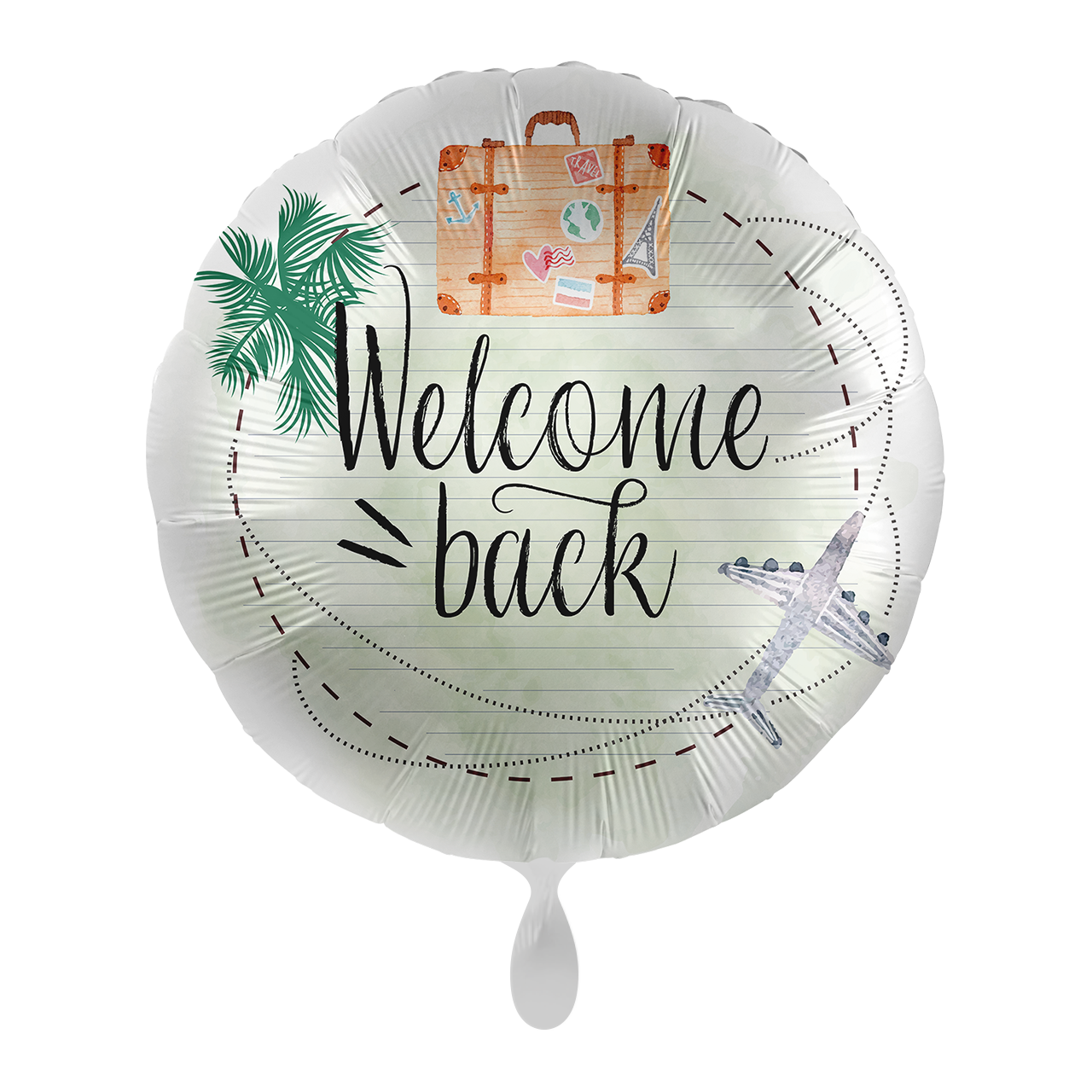 Folienballon mit der Aufschrift "Welcome back &nbsp;" mit Koffer und Flugzeug verziert. Dekorieren Sie den Empfang herzlich mit unseren Ballons - Freude ist garantiert!&nbsp;  Mit dem Automatikschließventil kann der Ballon mit Luft oder Helium mehrfach gefüllt werden.&nbsp;