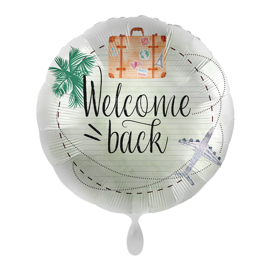 Folienballon mit der Aufschrift "Welcome back &nbsp;" mit Koffer und Flugzeug verziert. Dekorieren Sie den Empfang herzlich mit unseren Ballons - Freude ist garantiert!&nbsp;  Mit dem Automatikschließventil kann der Ballon mit Luft oder Helium mehrfach gefüllt werden.&nbsp;