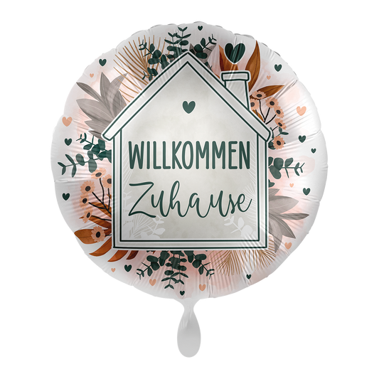 Folienballon mit der Aufschrift "Willkommen Zuhause" eingebetet in ein kleines Haus und schön dekoriert.  Dekorieren Sie den Empfang herzlich mit unseren Ballons - Freude ist garantiert!&nbsp;  Mit dem Automatikschließventil kann der Ballon mit Luft oder Helium mehrfach gefüllt werden.&nbsp;