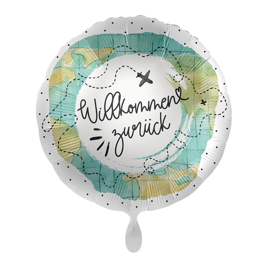 Folienballon mit der Aufschrift "Willkommen zurück &nbsp;" in Grünton gehalten mit Flugzeug. &nbsp;Dekorieren Sie den Empfang herzlich mit unseren Ballons - Freude ist garantiert!&nbsp;  Mit dem Automatikschließventil kann der Ballon mit Luft oder Helium mehrfach gefüllt werden.&nbsp;