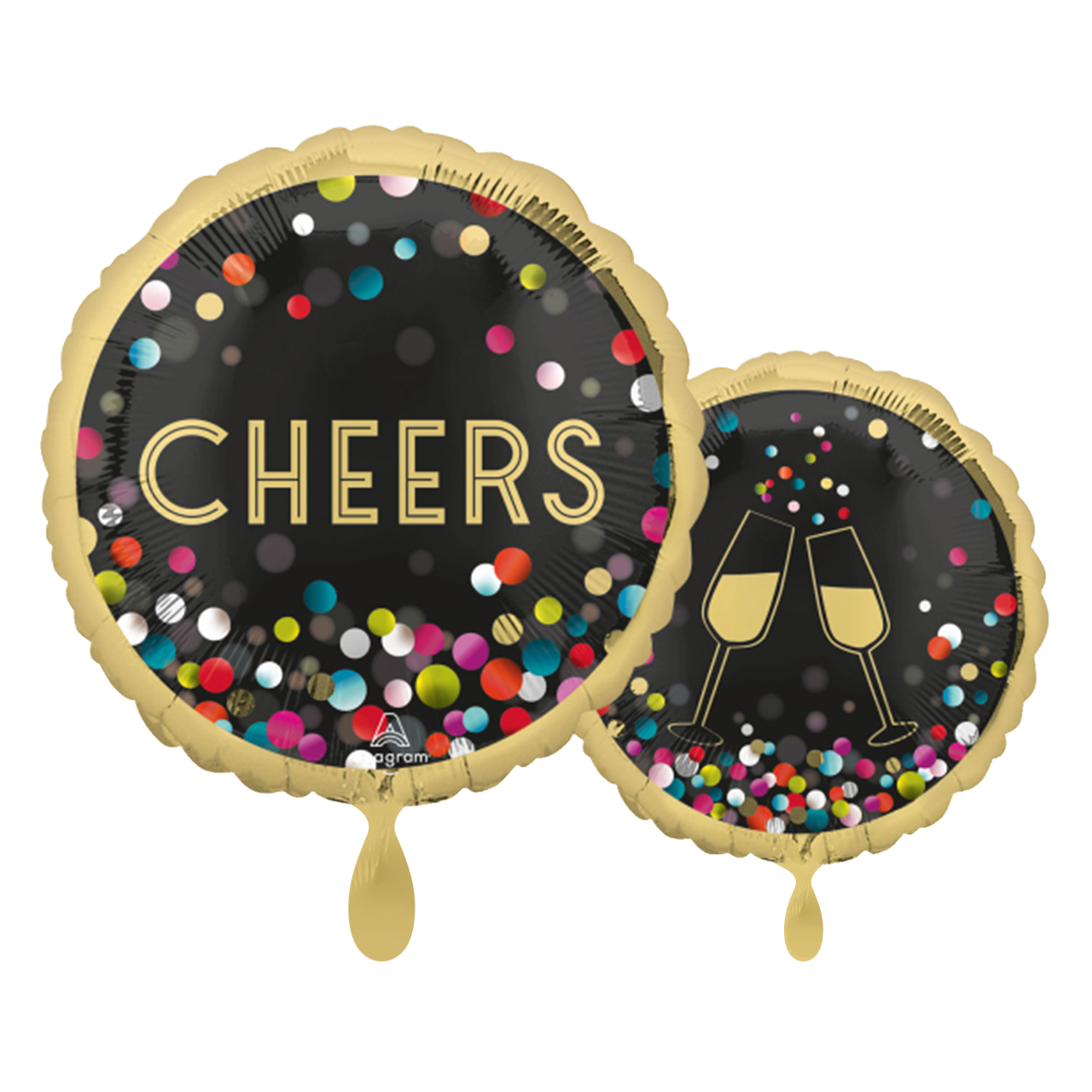 Folienballon zum Geburtstag mit der Aufschrift " Cheers" in Gold, schwarz mit bunten Konfetti.  Mit diesem Ballon machen sie sicher jedem eine Freude.&nbsp;  Kann mit Helium und luftgefüllt werden, besitzt ein Automatisches Schließventil.&nbsp;