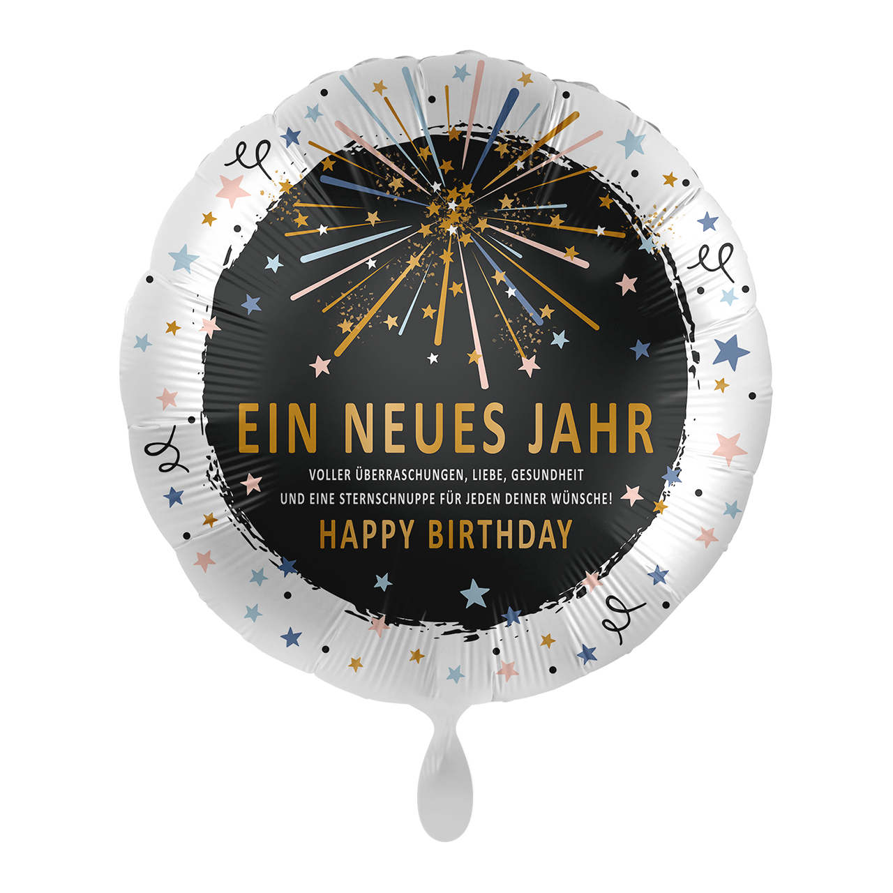 Folienballon zum Geburtstag mit der Aufschrift "Ein neues Jahr - Voller Überraschungen, Liebe, Gesundheit und eine Sternschnuppe für jeden deiner Wünsche - Happy Birthday" Dieser Ballon eignet sich für die besten Wünsche an das Geburtstagskind mit einem kleinen Feuerwerk und süßen Verzierungen, wirkt der Ballon besonders schön.&nbsp;  Mit diesem Ballon machen sie sicher jedem eine Freude.&nbsp;  Kann mit Helium und luftgefüllt werden, besitzt ein Automatisches Schließventil.&nbsp;