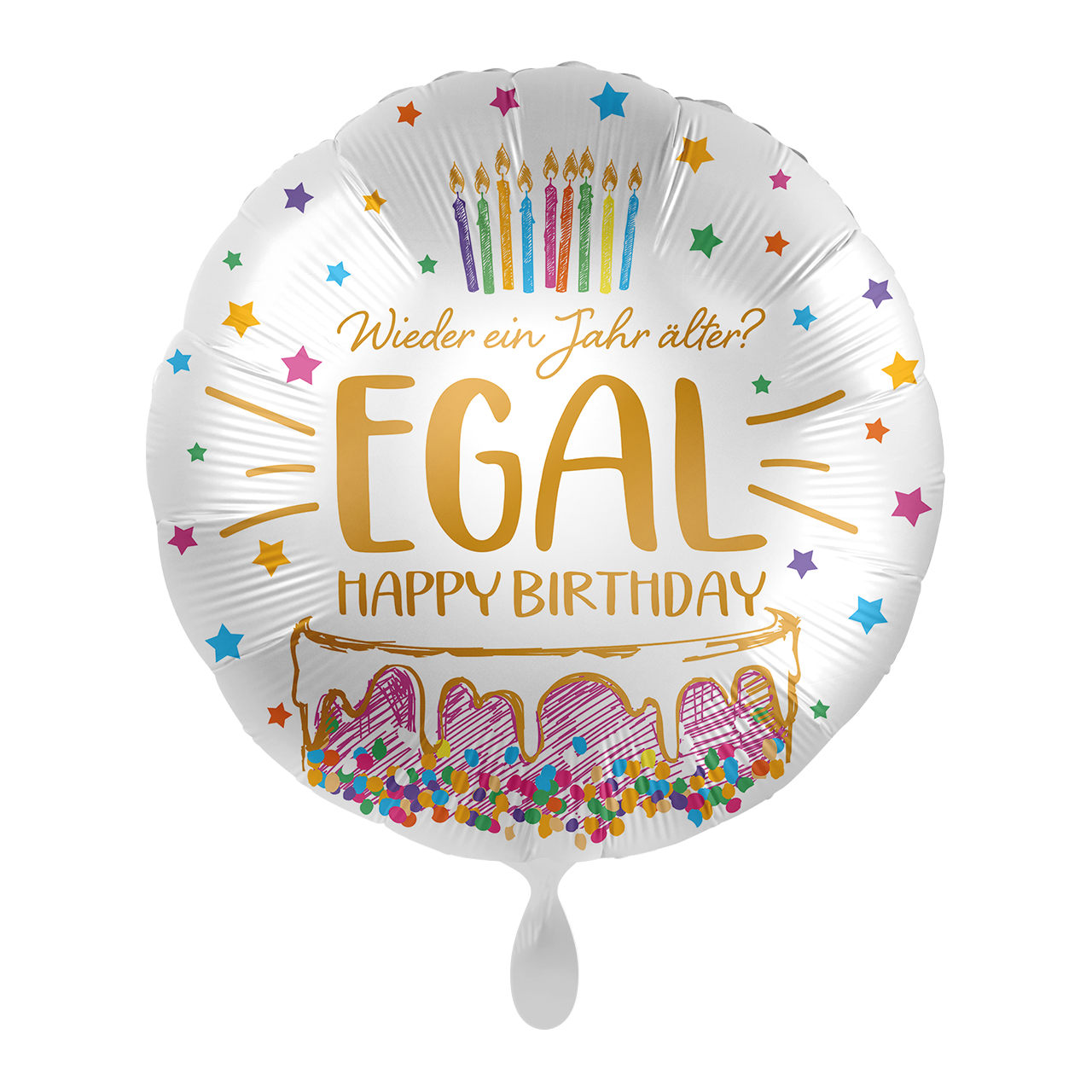 Folienballon zum Geburtstag mit der Aufschrift " Wieder ein Jahr älter? EGAL - Happy Birthday &nbsp;" mit kleinen Geburtstagskerzen und Torte ein fröhlicher und freudiger Ballon.  Mit diesem Ballon machen sie sicher jedem eine Freude.&nbsp;  Kann mit Helium und luftgefüllt werden, besitzt ein Automatisches Schließventil.&nbsp;