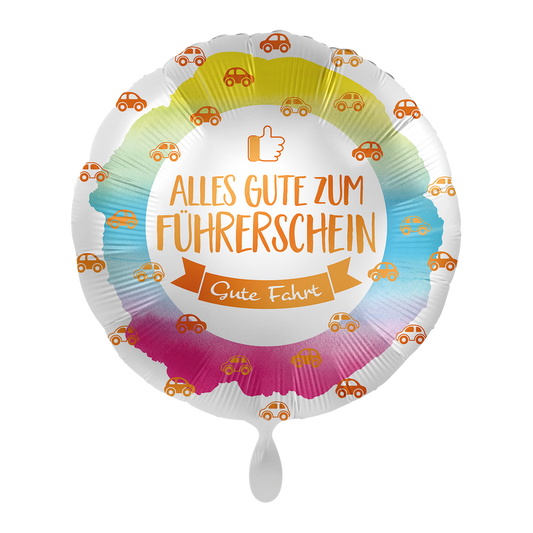 Wer den Führerschein bestanden hat, der hat auch einen schönen Ballon verdient!  Folienballon ist beschriftet mit " Alles Gute zum Führerschein - Gute Fahrt" in schönen bunten Farben mit vielen kleinen Autos bedruckt.&nbsp;  Der Ballon hat ein Automatikschließventil und kann mehrfach mit Helium oder Luft gefüllt werden. &nbsp;